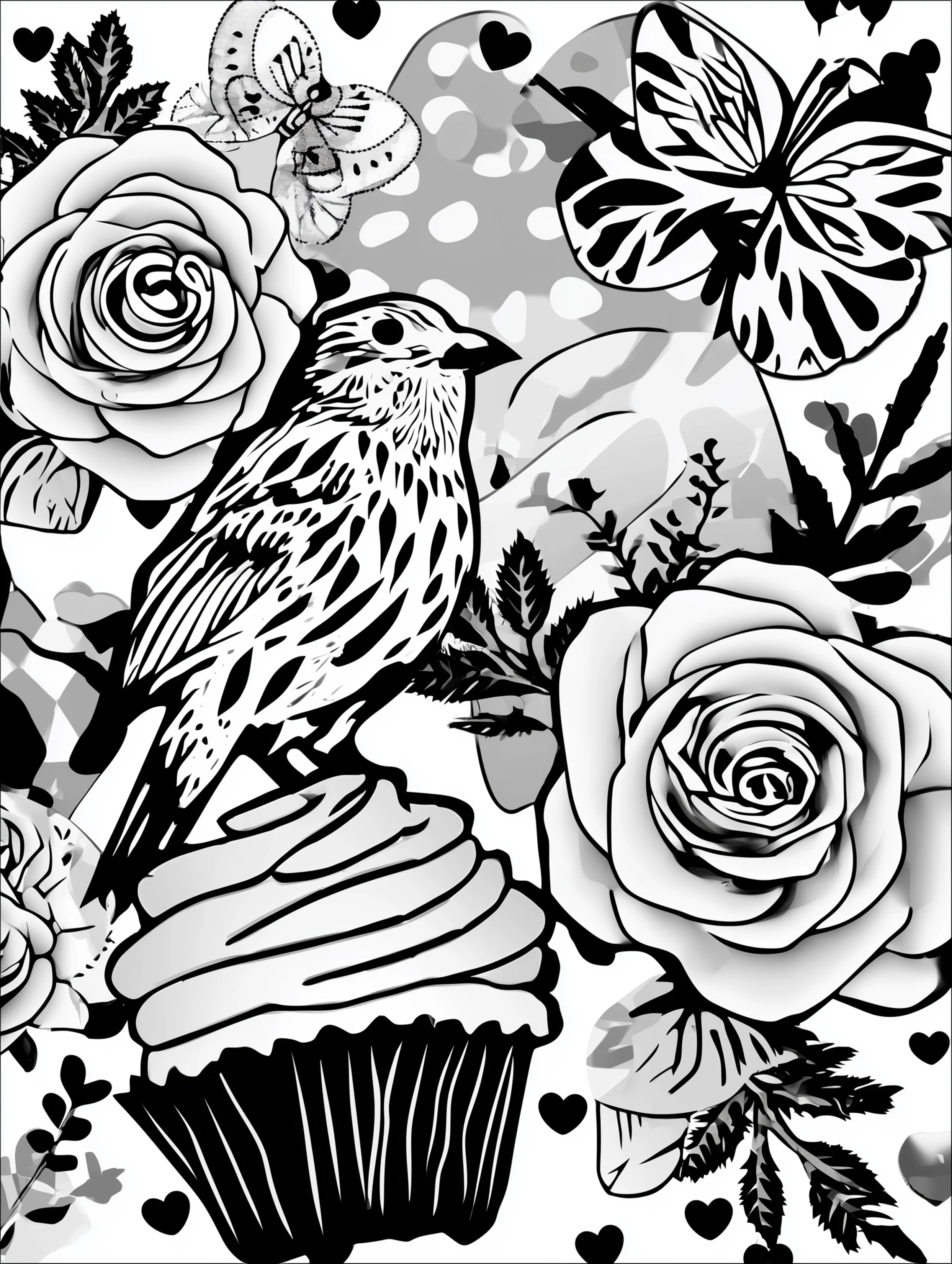 Free printable bird coloring page for adults featuring a bird standing on a cupcake